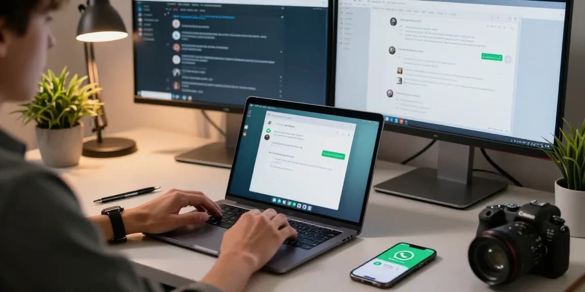 Person using WhatsApp網頁版 on laptop in modern tech workspace with multiple screens and plants.