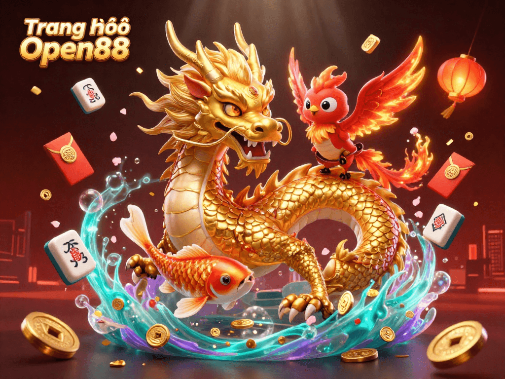 Experience the excitement of Trang chủ Open88 with vibrant 3D casino illustrations featuring a golden dragon and lucky symbols.