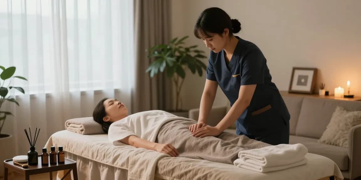 Client receiving 신림출장안마 in a cozy home setting, with a professional therapist and calming atmosphere.