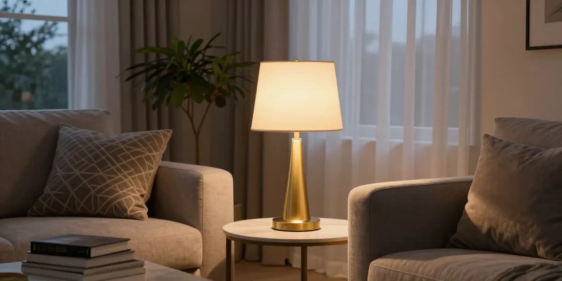 Elegant living room featuring a stylish lampara de mesa dorada on a side table, enhancing ambiance.