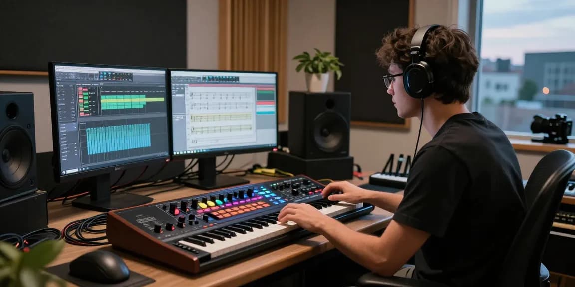 Musician using SC88 sound module in a stylish music studio, mixing audio tracks.