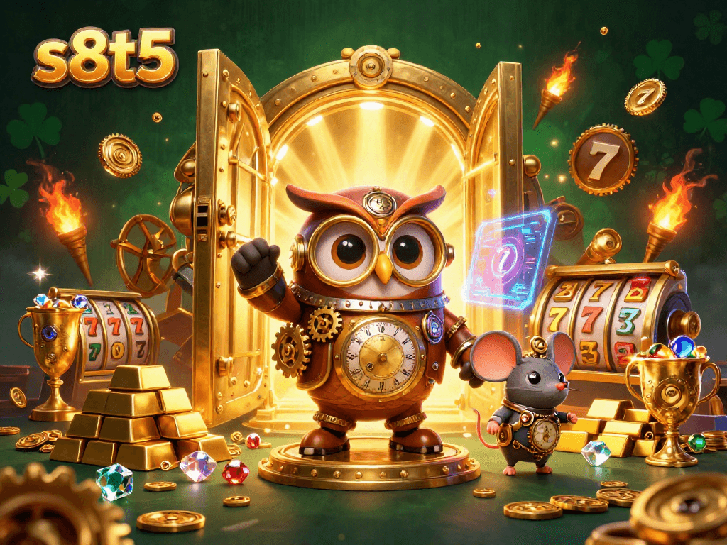 Spin and win with s8t5's stunning 3D casino scene overflowing with treasures and vibrant excitement.