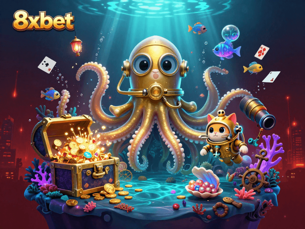 Experience thrilling gaming adventures with 8xbet's vibrant, treasure-filled ocean scene.