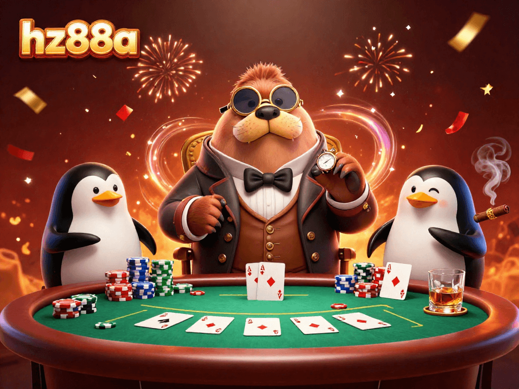 Engage in thrilling poker games at hz88a with a jolly walrus and dealer penguin as they celebrate big wins.