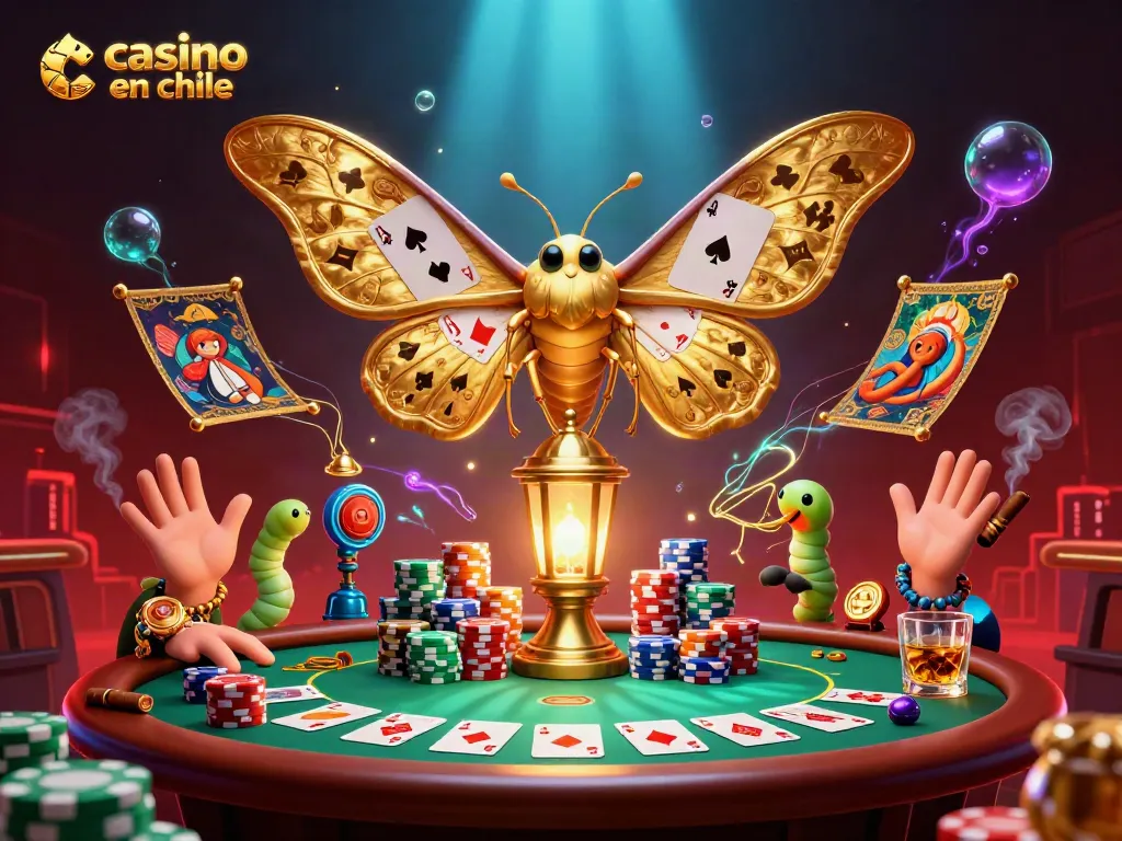 Juega en casino en Chile online con una vibrante escena de una polilla atlas y elementos de póker.