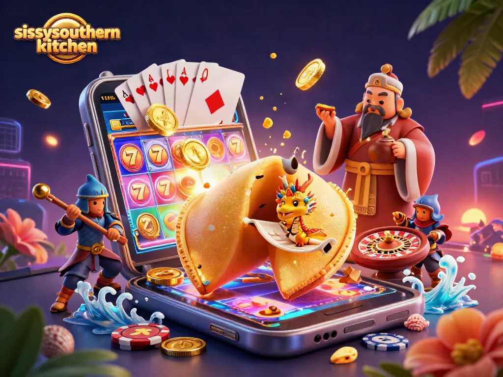 Sissy's Southern Kitchen captures fortune with a 3D illustration of a golden cookie revealing a winning slot game.