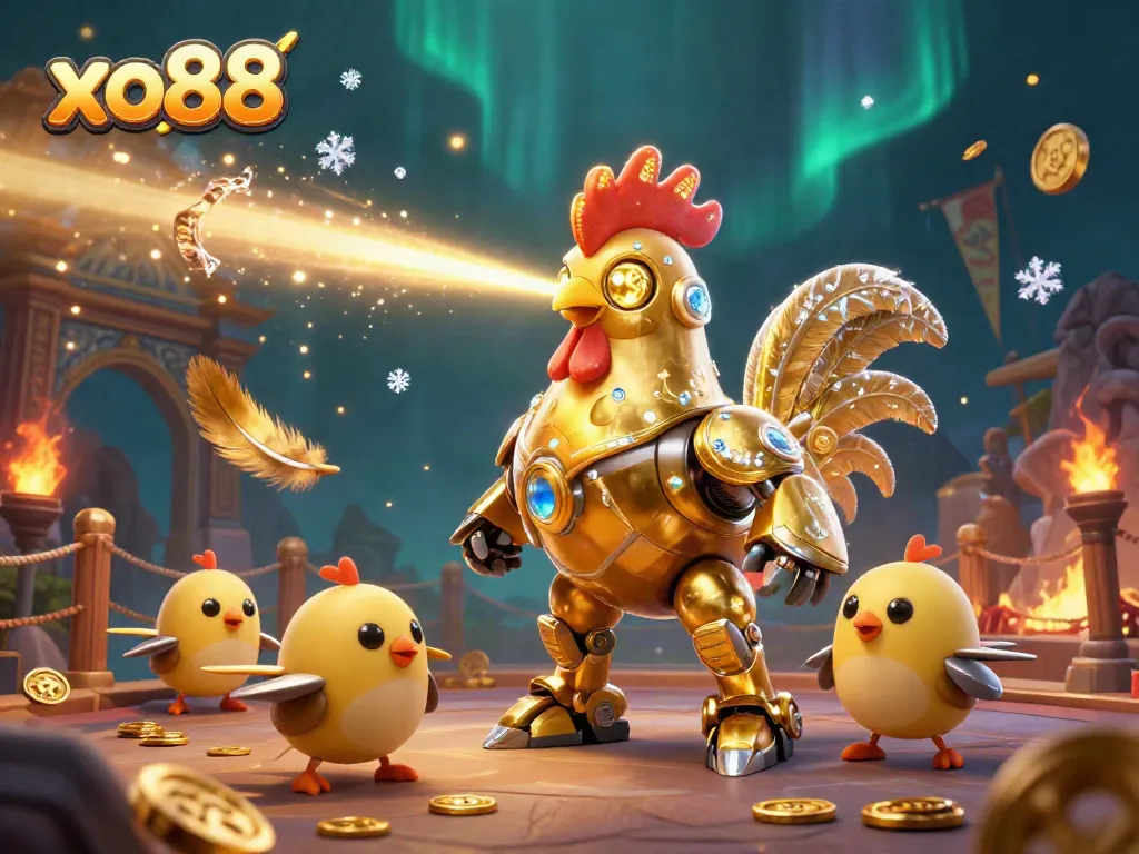 Bet big and win at xo88 with a golden rooster robot leading a vibrant casino adventure.