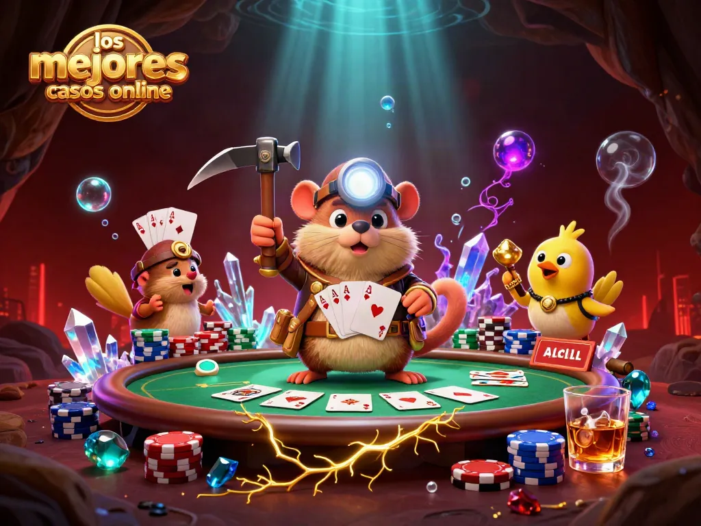 Explora los mejores casinos online en México con un ilustrativo cazador de tesoros y detalles de póker.