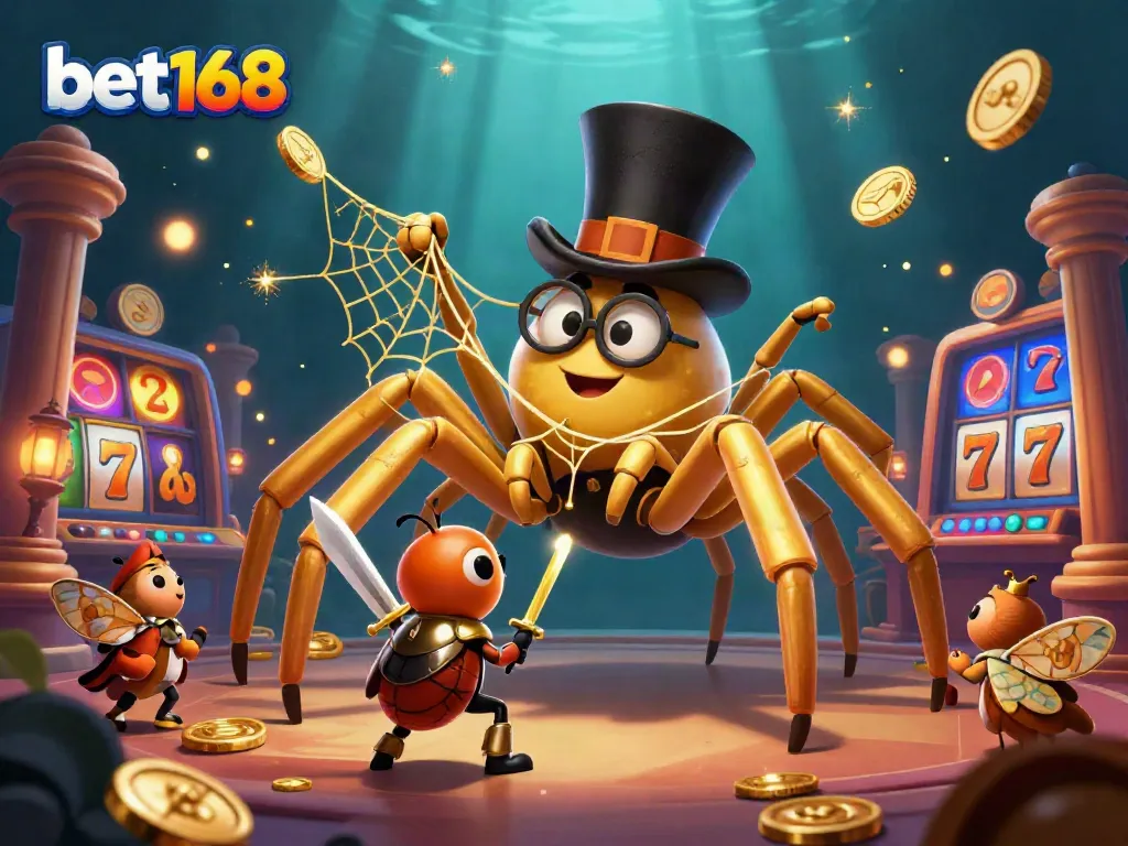Experience the excitement of bet168 with a unique 3D cartoon casino illustration featuring a golden tarantula and beetle knight in action.