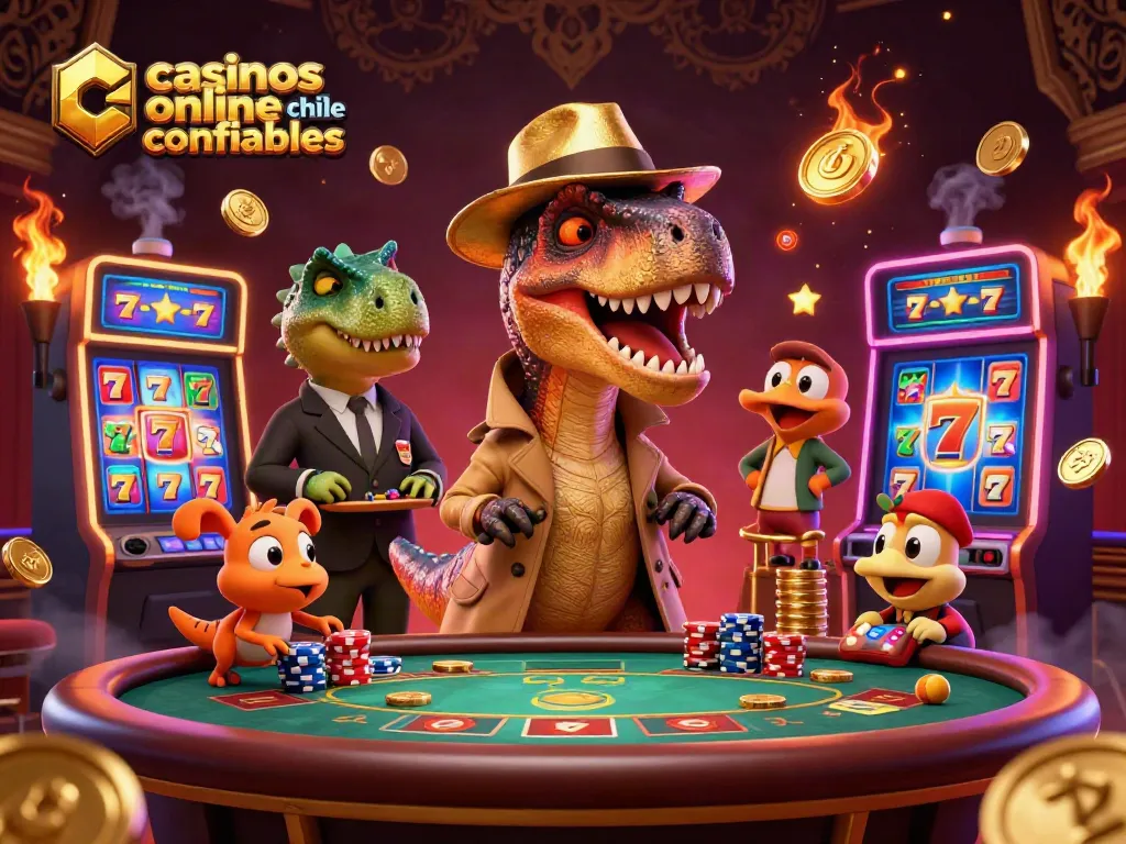 Ilustración de un velociraptor en una mesa de blackjack, representando casinos online chile confiables.