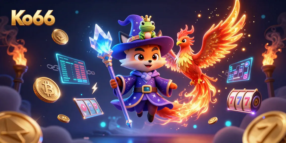 Engage with Ko66’s lively gaming scene, featuring a wizard fox and phoenix amid thrilling slots.