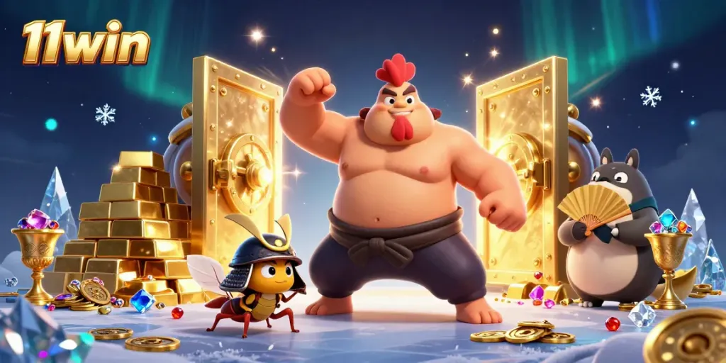 Experience the excitement of 11win in a rich 3D scene with sumo rooster and samurai cricket.