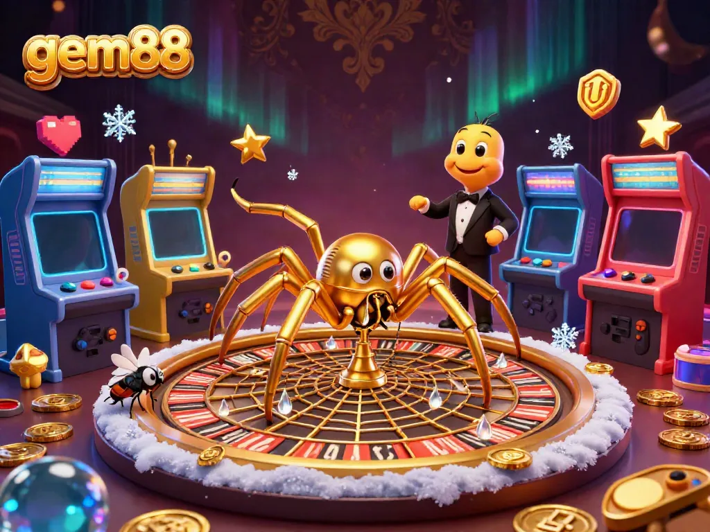 Experience the thrill of gem88 gaming as the golden spider spins a roulette wheel web amidst vibrant arcade elements.