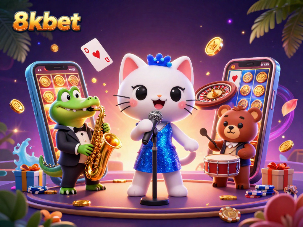 Join the excitement at 8xbet with lively characters in a casino scene featuring vibrant slots and games.