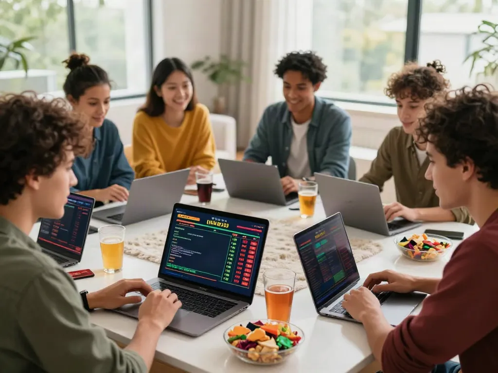Friends engaged in online betting at https://ta88.network/ with a lively atmosphere and snacks.