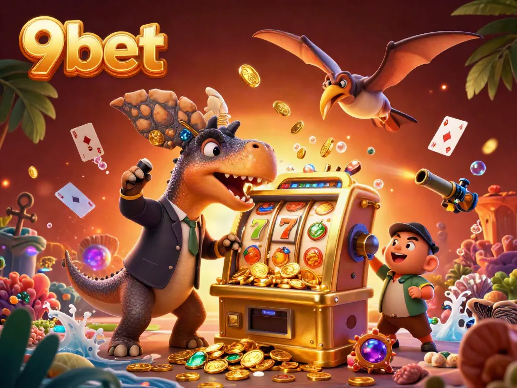 Experience the thrill of 9bet with a captivating scene of a pachycephalosaurus at a golden slot machine, surrounded by coins and casino elements.