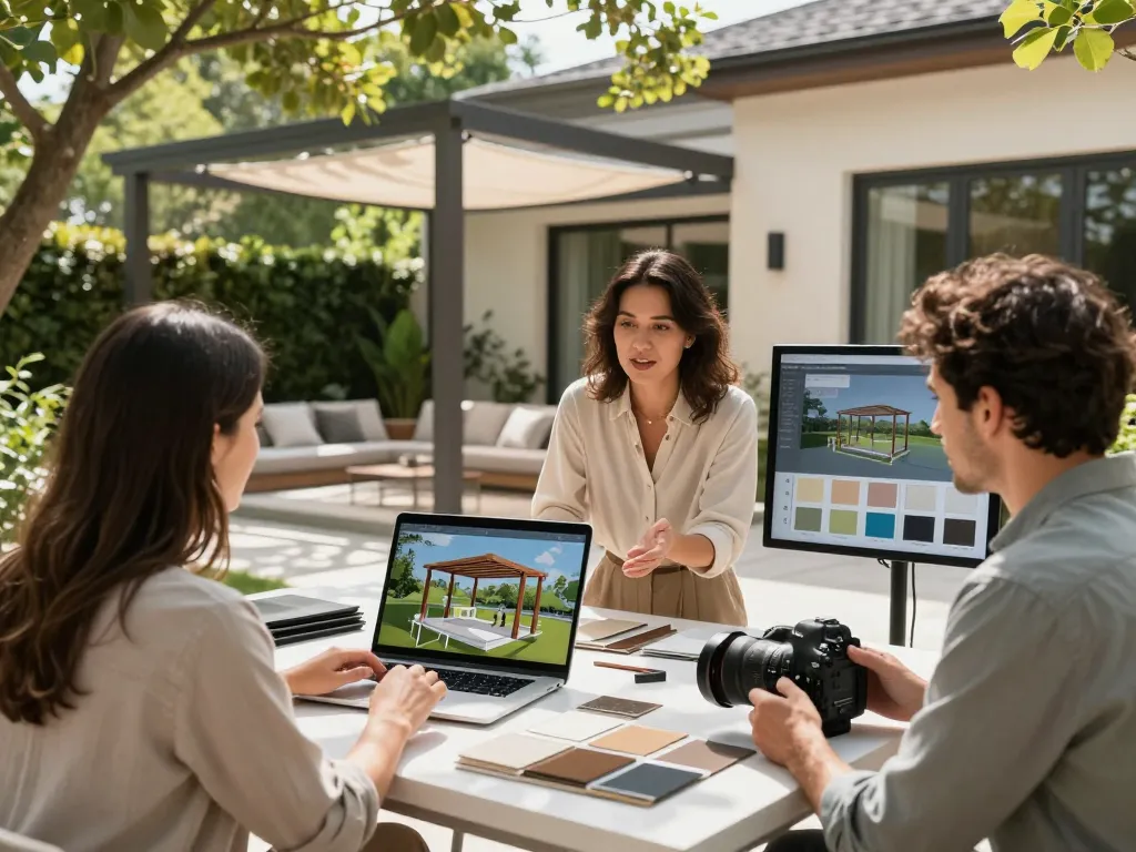 Diseñando interactivamente una pérgola con software para instaladores de verandas, mostrando personalización en tiempo real y compromiso del cliente.