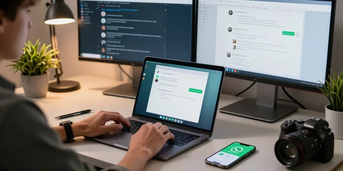 Person using WhatsApp網頁版 on laptop in modern tech workspace with multiple screens and plants.