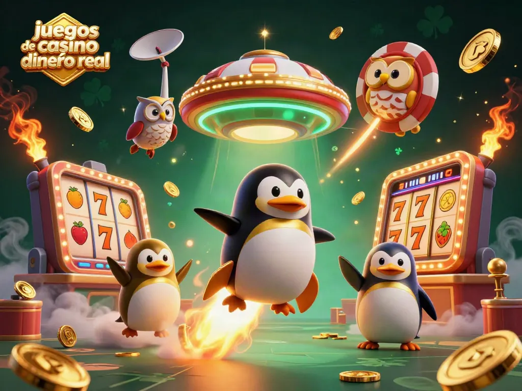 Juega juegos de casino dinero real en una escena vibrante con un pingüino dorado y tragamonedas.
