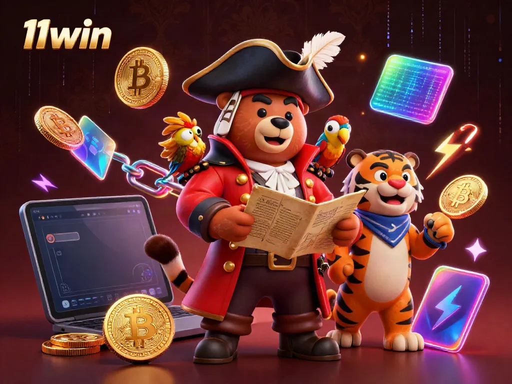 Experience the vibrant adventure of 11win with cartoon pirate characters and neon casino elements.