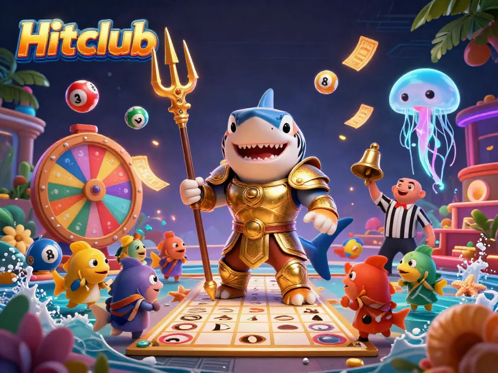 Engage in thrilling gaming action with Hitclub's vibrant underwater casino scene featuring a tiger shark triumphing amidst colorful lottery elements.