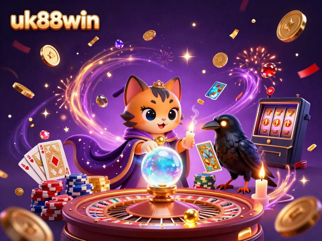 Experience the excitement of uk88win with vibrant casino elements, showcasing a mystical scene filled with fortune-telling characters and iconic gaming symbols.