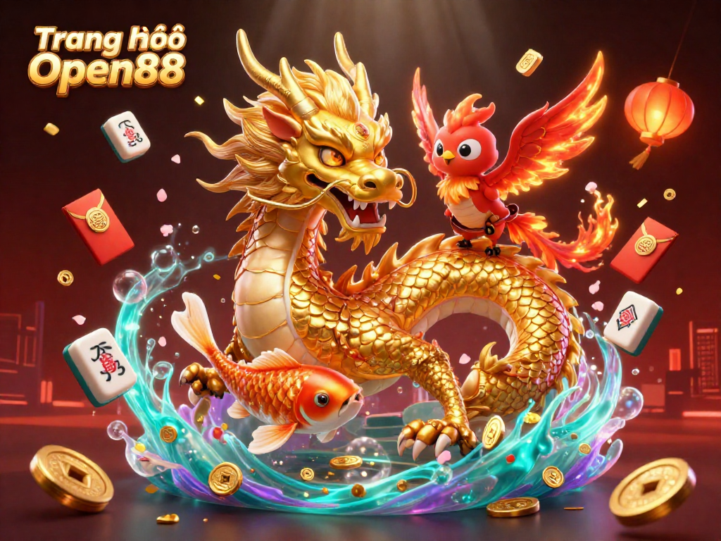 Experience the excitement of Trang chủ Open88 with vibrant 3D casino illustrations featuring a golden dragon and lucky symbols.