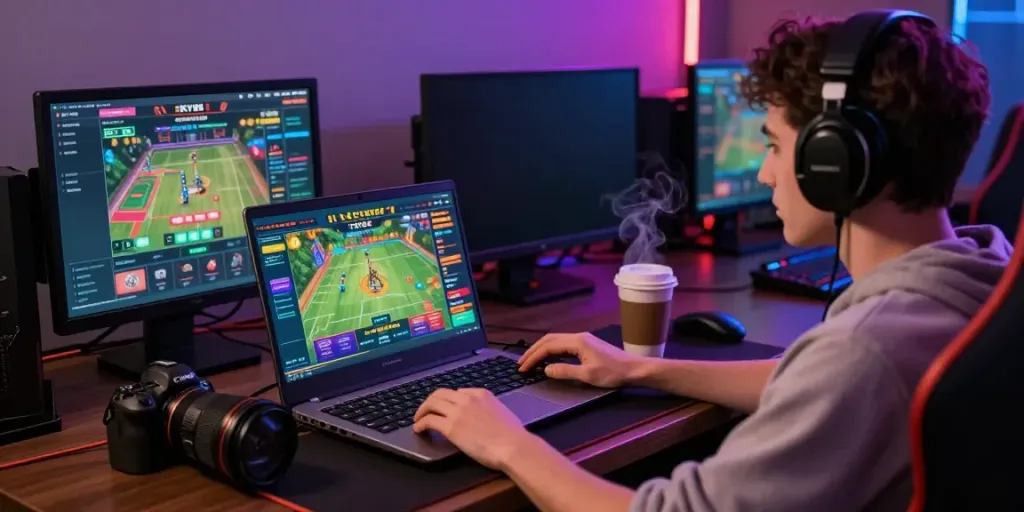 SKY88 gaming scene featuring an enthusiastic player enjoying online casino games on a laptop, immersive atmosphere.