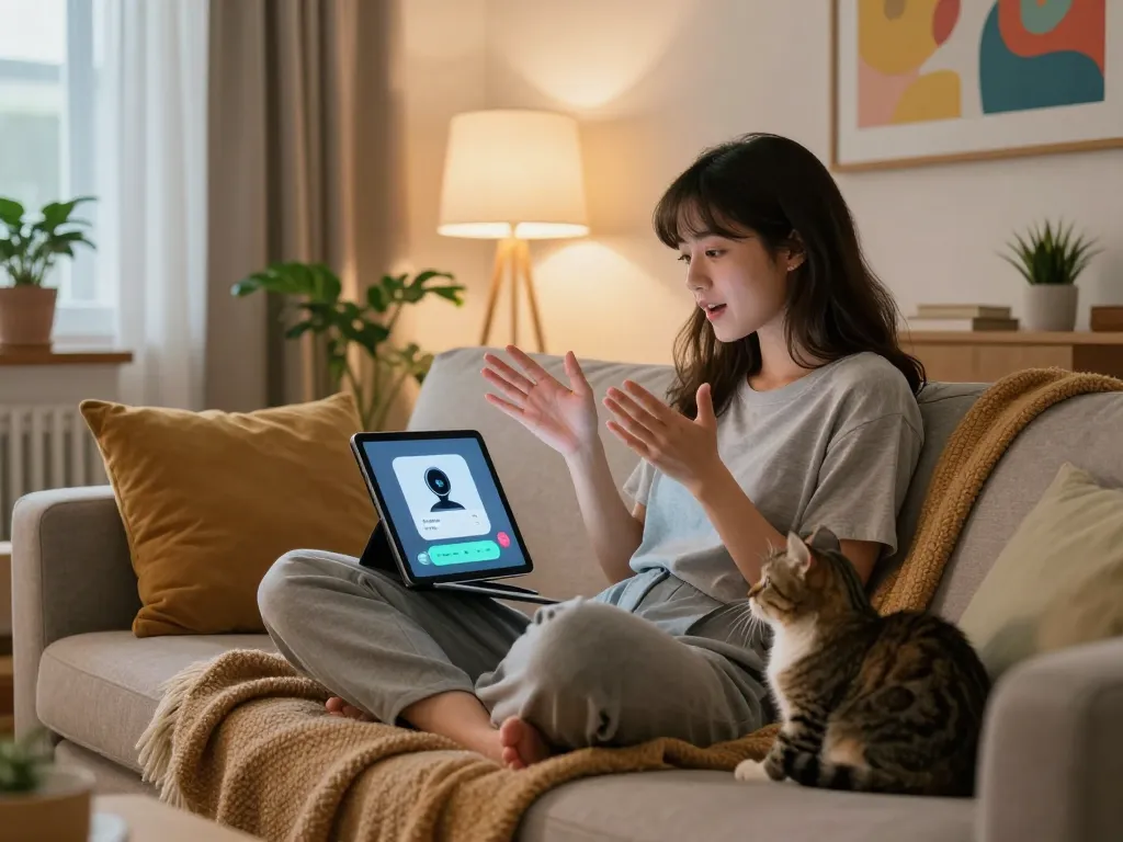 Engaging NSFW chat experience with a young adult woman interacting with an AI in a cozy living room.