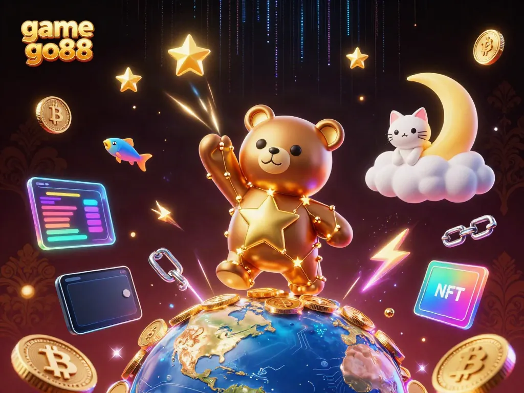 Engage with game go88 in an ultra-detailed cosmic scene featuring a constellation bear scooping coins from Earth.