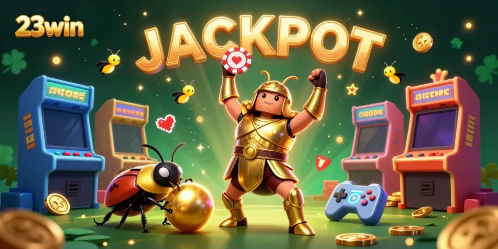 Spin to win with 23win as a victorious beetle proudly lifts a poker chip in the casino world.