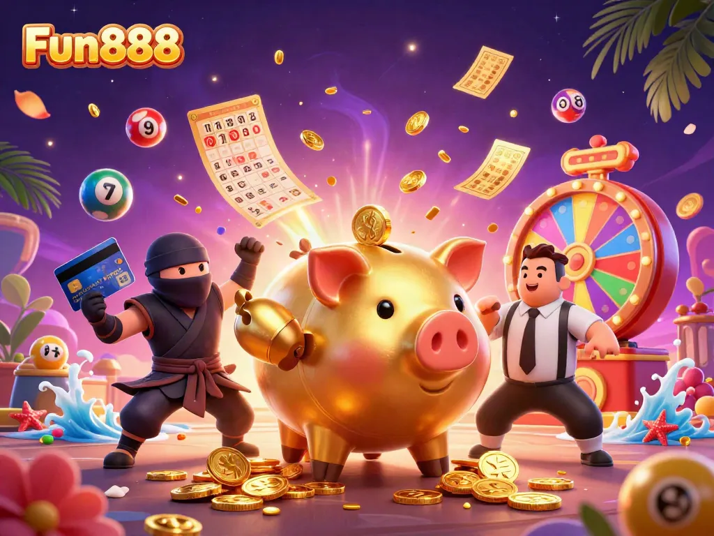 Experience exciting gameplay with Fun888's dynamic casino scene featuring a golden piggy bank sumo wrestler.