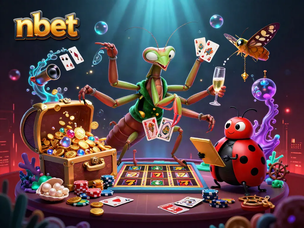 Engage with nbet's vibrant casino scene featuring a mantis card sharp and ladybug pit boss in a lively atmosphere.