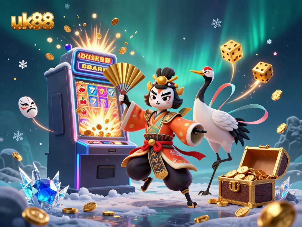 Engage with thrilling casino vibes at uk88 featuring a kabuki warrior in a vibrant scene.