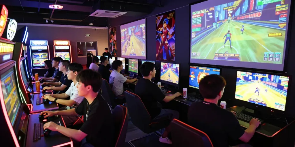 Exciting rokok88 rtp gaming scene with enthusiastic players enjoying vibrant slot games.