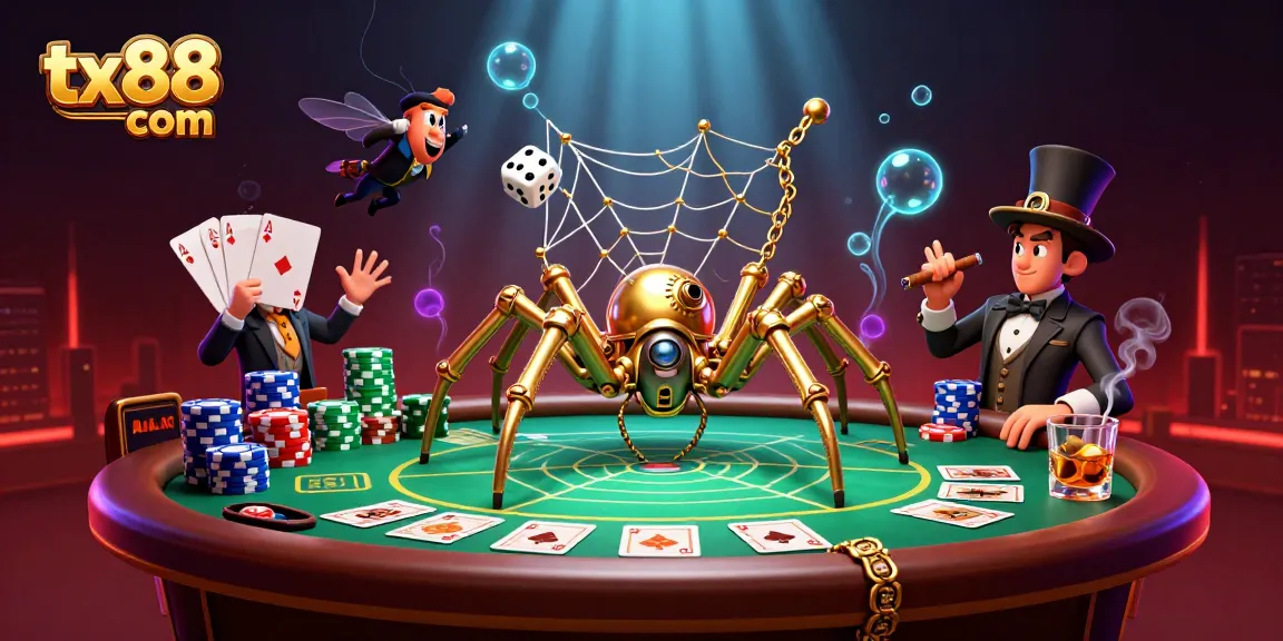 Spin the reels at tx88 com with a golden spider catching dice in a vibrant casino scene.