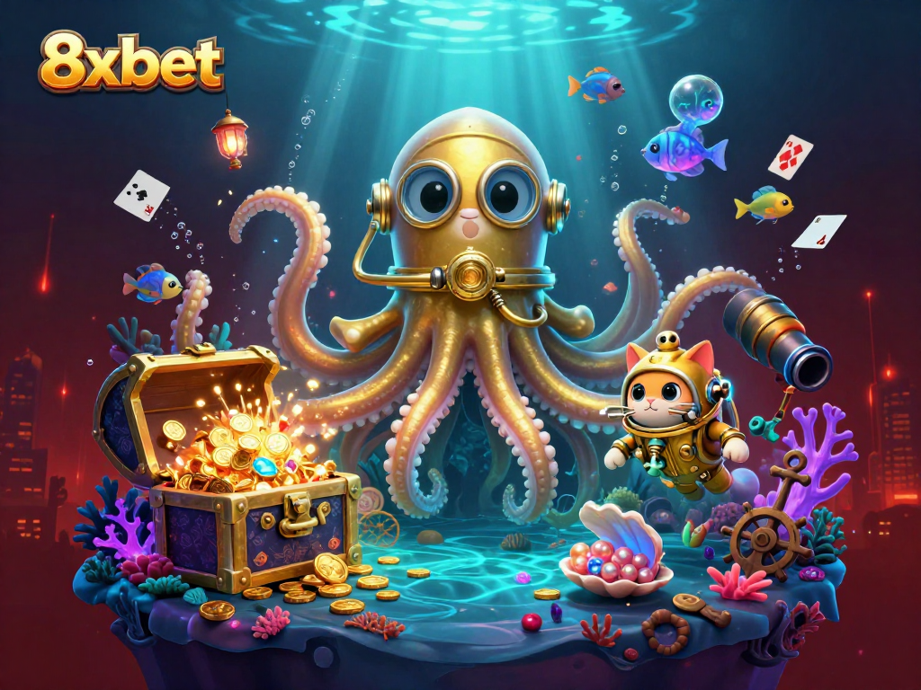 Experience thrilling gaming adventures with 8xbet's vibrant, treasure-filled ocean scene.