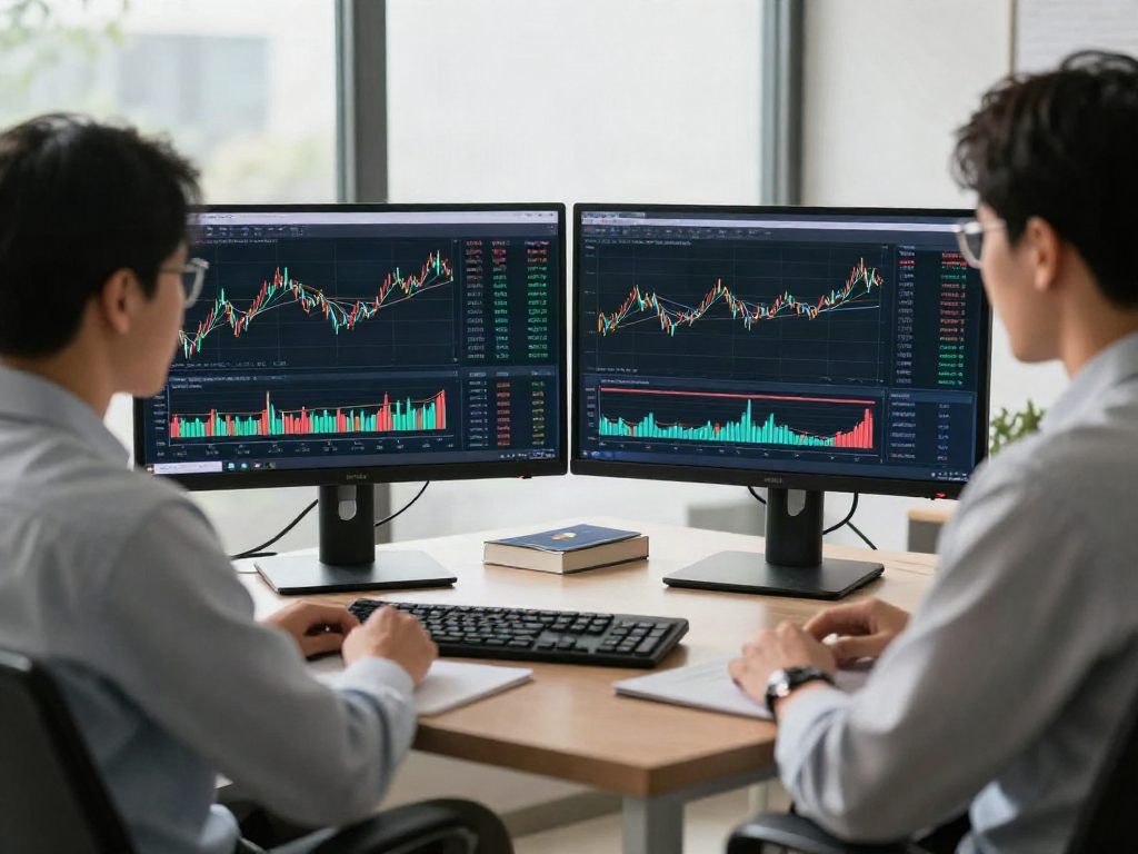 Gráfico de bitcoin a dólar en pantalla de monitor y analista en oficina moderna