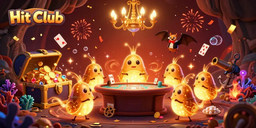 Experience the Hit Club excitement with vibrant casino elements illuminated by glowworms in a fantastical setting.