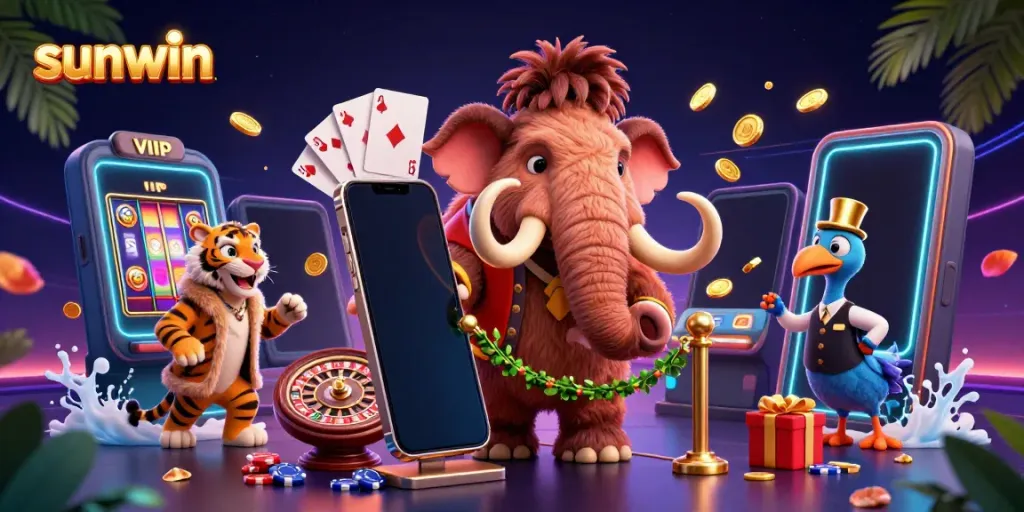 Experience the excitement at sunwin casino with vibrant digital elements and playful characters in a lively scene.