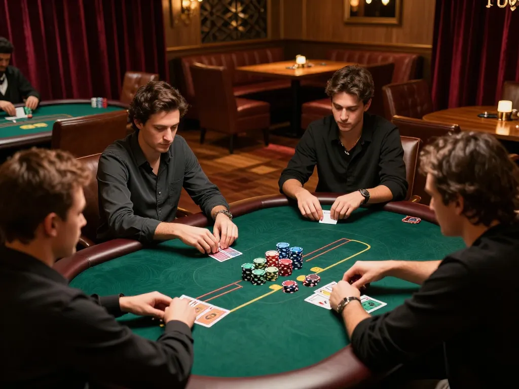 CM88 players strategizing at a high-stakes poker table in an elegant casino.