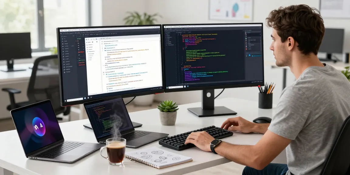Build internal tools with AI in a vibrant software development workspace with dual monitors and modern technology.