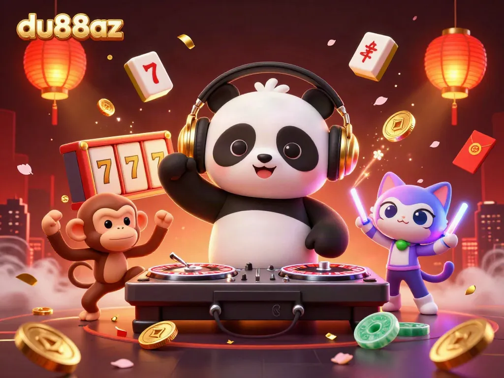 Engage with du88az's exciting casino world featuring a DJ panda, breakdancing monkey, and dynamic game elements.