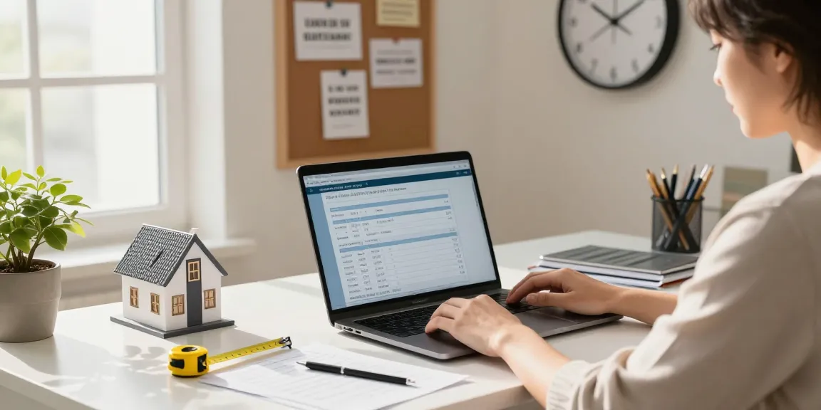 Calculate hipoteca in a modern home office, showcasing a person using a laptop for mortgage calculations.
