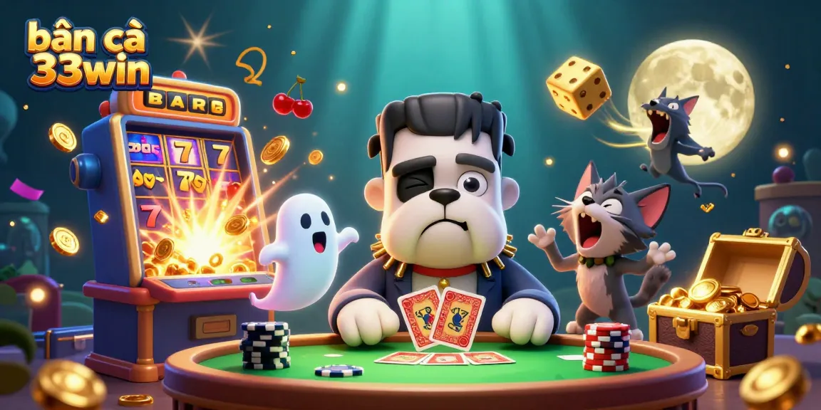 Engage with bắn cá 33win where a Frankenstein bulldog deals cards amidst a vibrant casino environment.