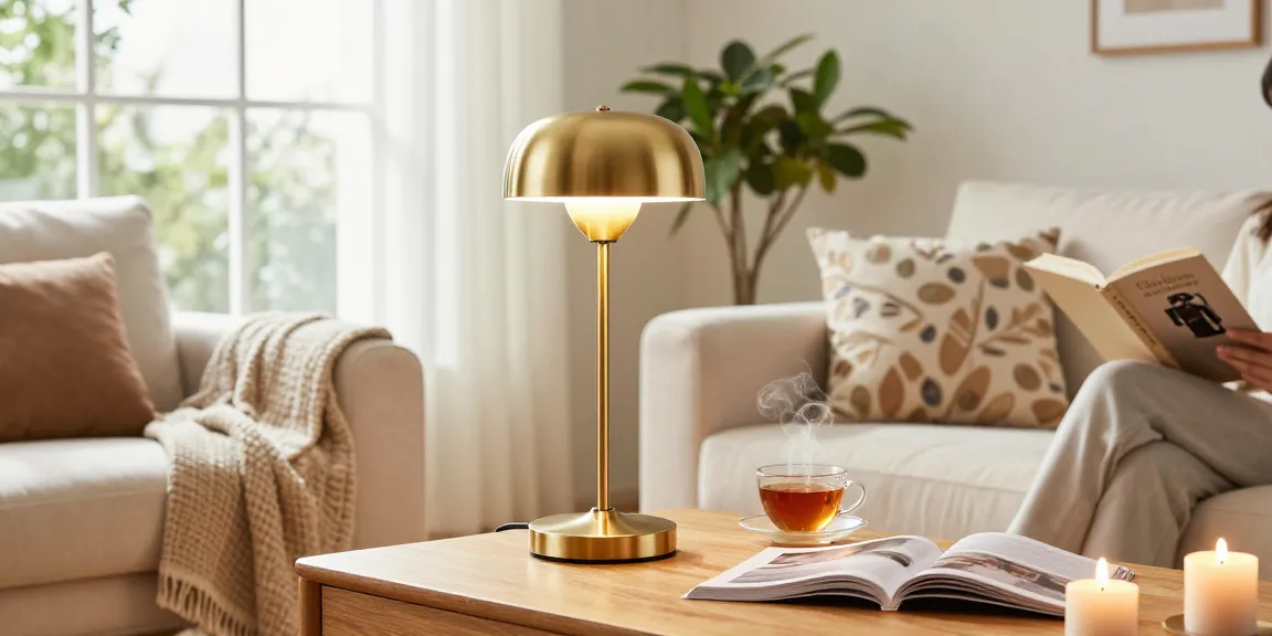 Una lámpara de mesa dorada mejora la atmósfera acogedora de la sala de estar con luz cálida, decoración invitadora y elementos confortantes.