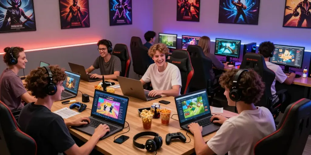 Players engaging with https://choinohu.vip/ in a vibrant gaming lounge filled with excitement and energy.