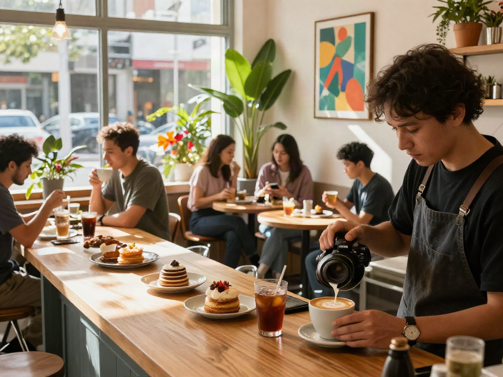 Patrons at ROKOK88 café enjoying drinks and pastries in a cozy atmosphere.