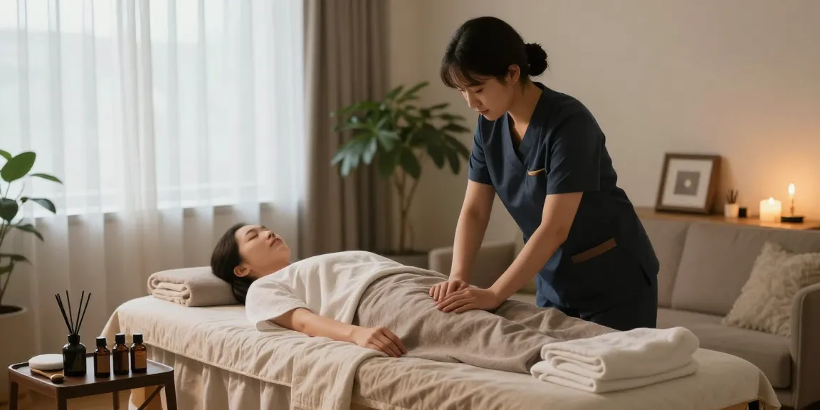 Client receiving 신림출장안마 in a cozy home setting, with a professional therapist and calming atmosphere.