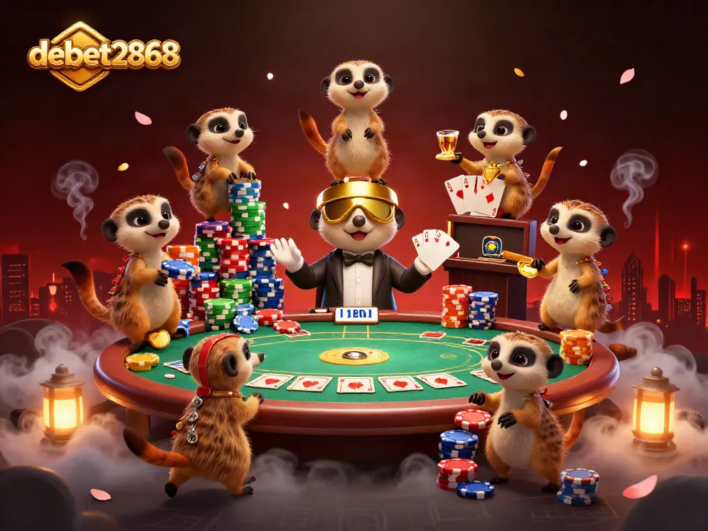 Experience the excitement of debet2868’s casino with meerkats in action and poker elements.
